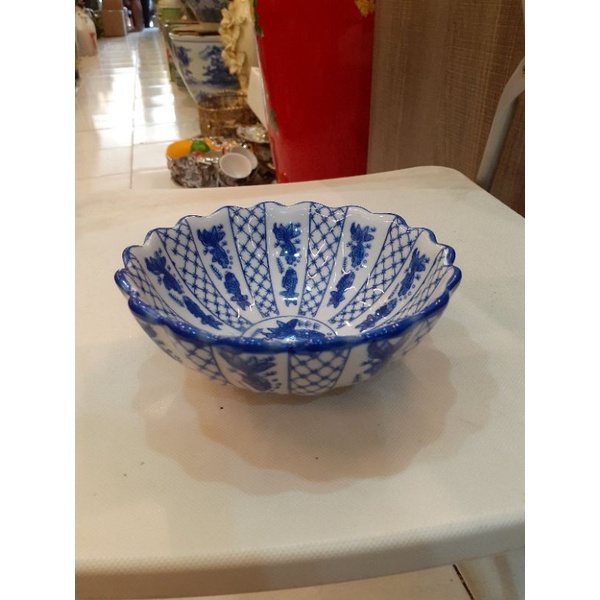 Mangkok keramik putih biru/ ori