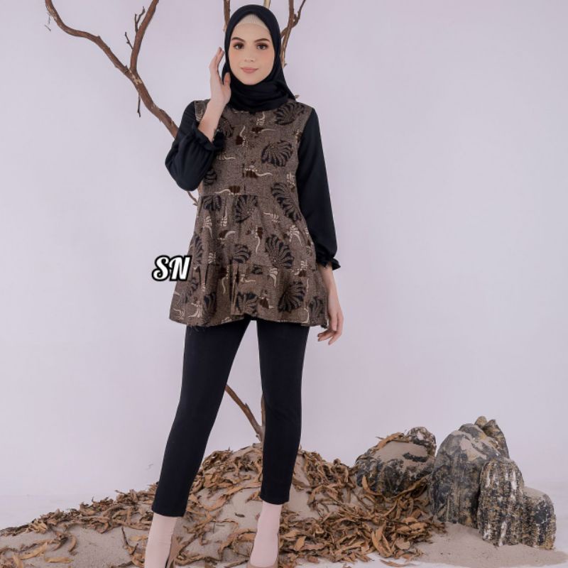 tey-17 Batik wanita ASJ SA HRB026 Kenongo Kemeja Tosca Pendek atasan modern blouse batik Irro14 size M L XL dan XXL-Sonia zoya