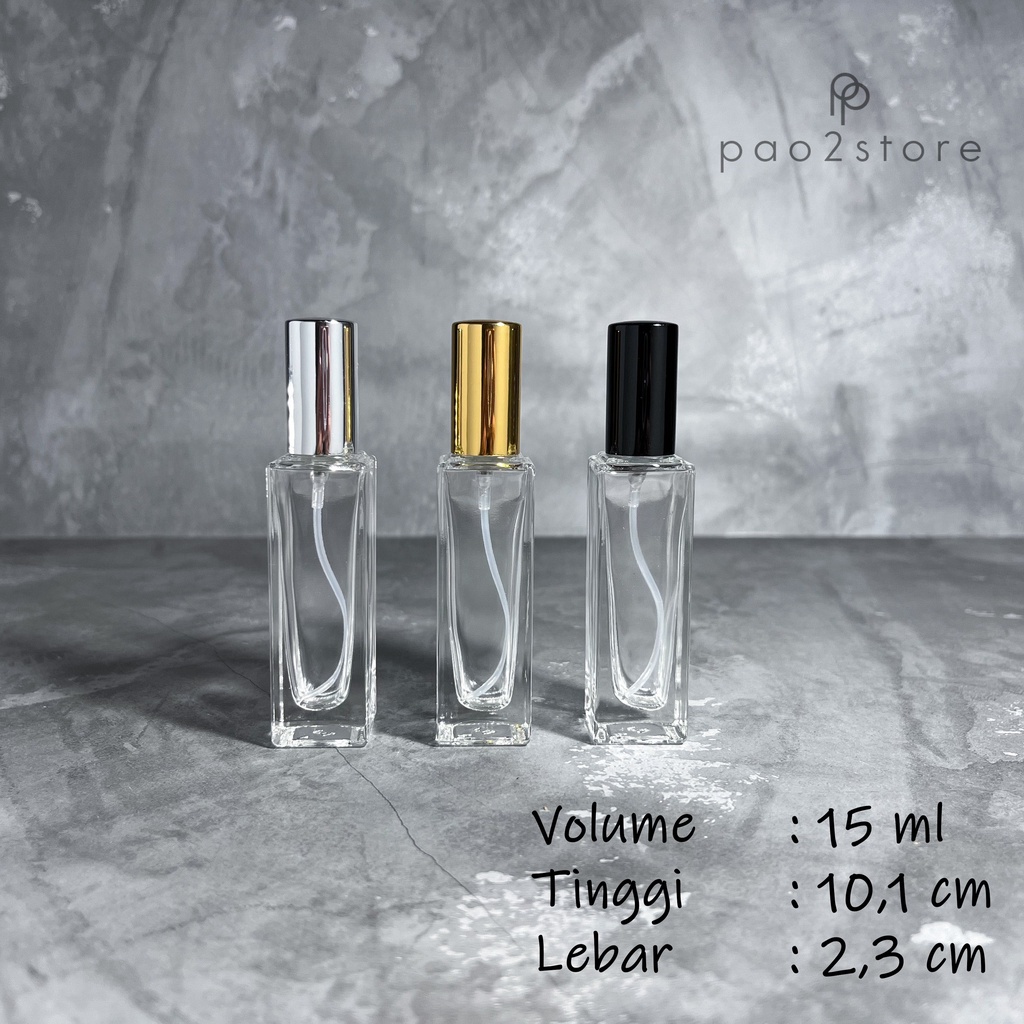 Botol Spray 15ml Kaca TEBAL Model KOTAK Tutup Aluminium - Travel Size Parfum Refillable