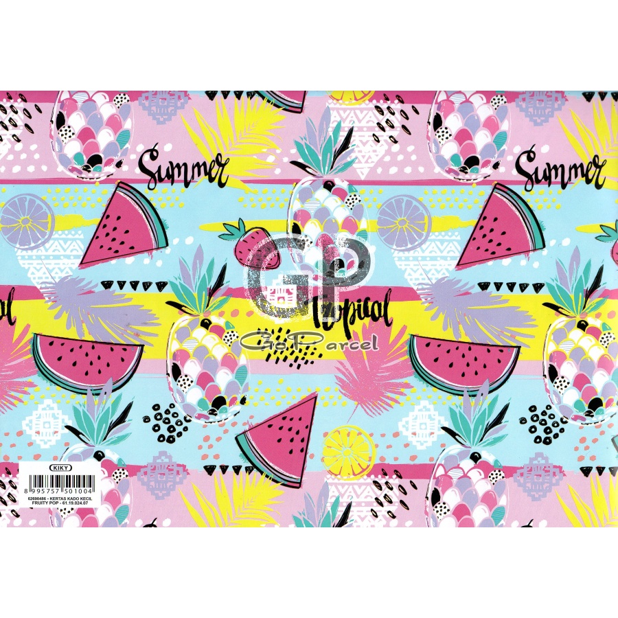 ( 5 Lembar ) KERTAS KADO FRUITY POP KIKY - GIFT WRAP PAPER BUAH BUAHAN SEMANGKA WATERMELON AVACADO PINEAPPLE STRAWBERRY ORANGE GRAPE ALPOKAT LEMON SHINT MENGKILAP GLOSSY