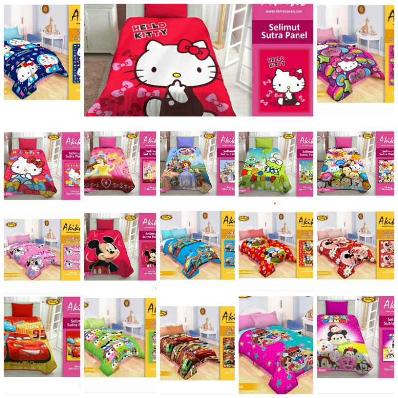 Selimut Rosanna akiko motif karakter/kartun:hello kitty,doraemon,cars,minions,keroppi,mickey/minnie 