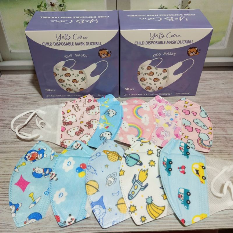 (4-12 TAHUN) Masker Duckbill Anak Y&amp;B CARE Polos Warna Dan Mix Motif Karakter Lucu Cowo dan cewe 3ply Per Box Isi 50 Pcs