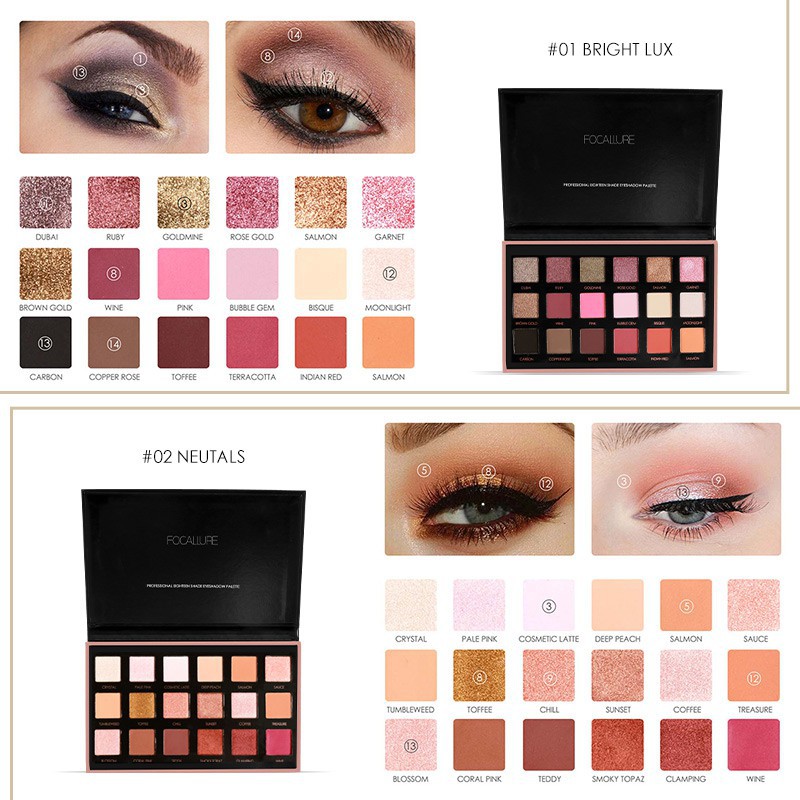 Image of Kosmetik Mata  [ORI 100%] Focallure 18 Colors Eyeshadow Palette Metallic Day To Night color / Bright #0