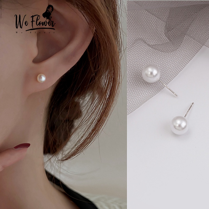 We Flower S925 Silver Classic Pearl Stud Earrings for Women Girls Chic Fashion Ear Jewelry