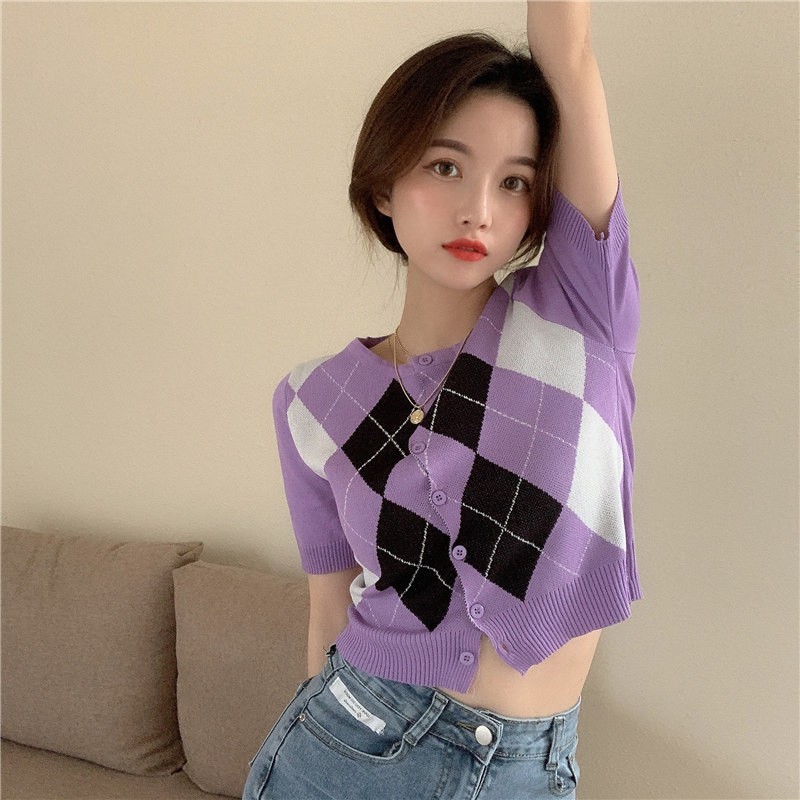 [Diskon Spesial]kardigan Rajut Korea Style crop top cardigan wanita belah ketupat print knit-ungu