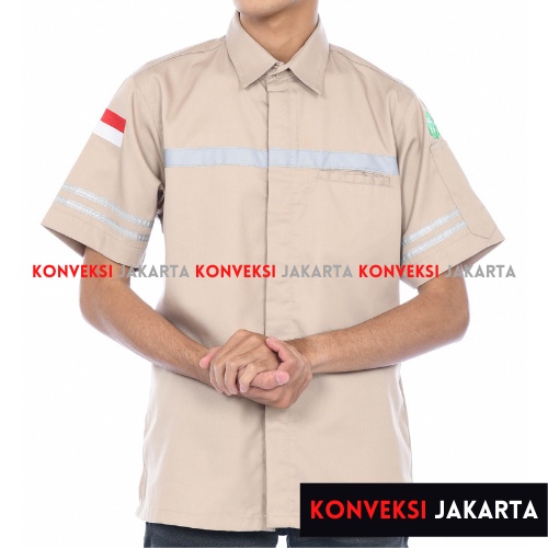 Baju Kerja Wearpack Kemeja Safety K3 Proyek Tambang Lengan Pendek  - Pakaian Seragam Werpak Kerja Atasan Scotlite Lapangan Pendek Warna Cream Krem Pria Wanita