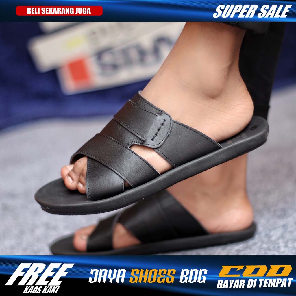 OEXS|Sendal Slop Kulit Pria Hitam Original Casual Santai Traveling Cowok Murah
