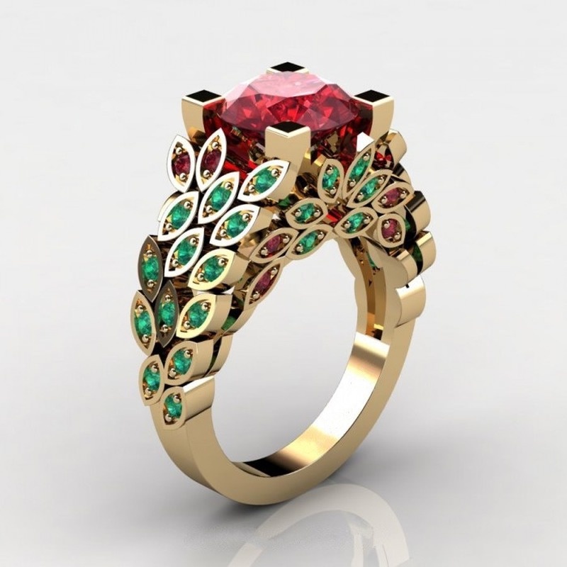 [Ready Stock]Creative Inlaid Ruby Leaf Ring 18K Gold