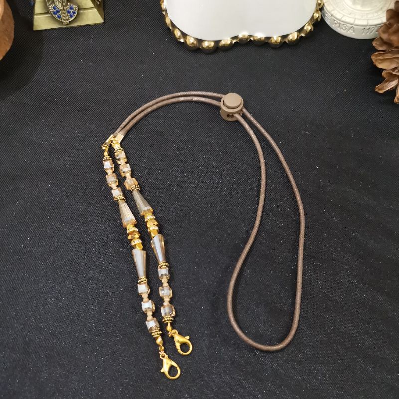 Strap Masker Serut Kristal Swarovski Zirconia Gold sand