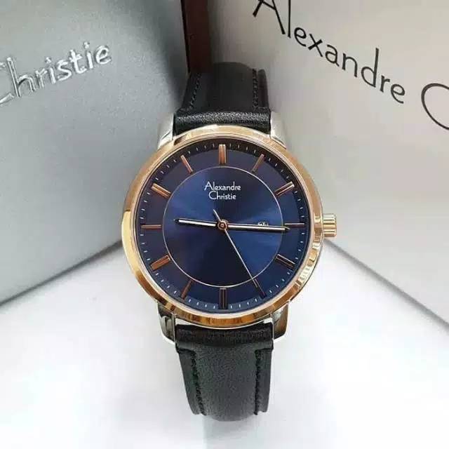 JAM TANGAN WANITA ALEXANDRE CHRISTIE AC 8576 BLUE ROSE GOLD LEATHER BLACK ORIGINA