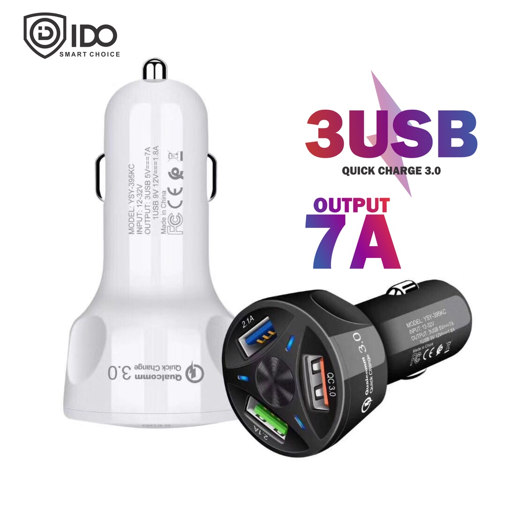 IDO Car Charger 3 Port Round Model WIth QC 3.0 Fast Car Charger 3 PortCar Charger 3 Port Round Model