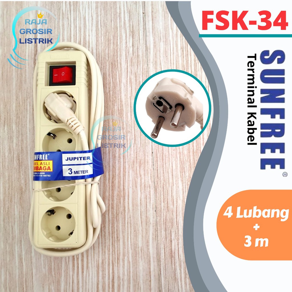 Stop Kontak Sunfree Arde 4 lubang + kabel 3 M Jupiter 34 Super Murah