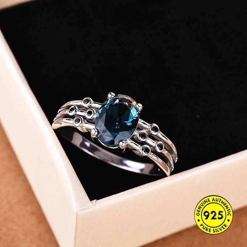 S925 Silver New Inlaid Topaz Sea Blue Ring for Women