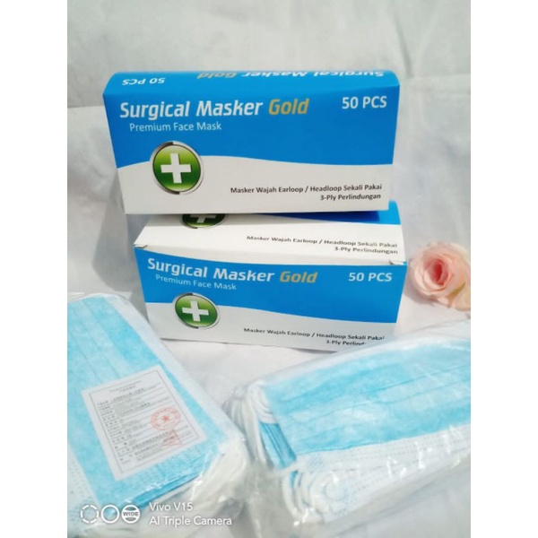 Masker Earloop biru Surgical Masker Gold 3ply 1 Box 50 Pcs II agen masker II masker murah