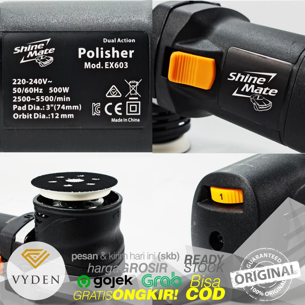 Mesin Poles Dual Action Spot Polisher Shinemate Tipe EX603 3in Orbit 12mm GRATIS 3 PAD