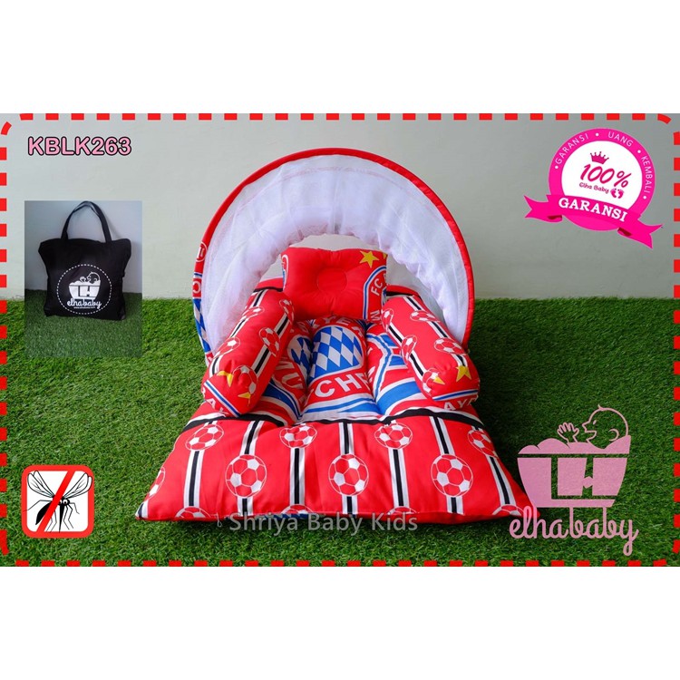 Kasur Bayi Motif Bola Munchen | Tempat Tidur Baby Lipat Kelambu Set Bantal Guling Murah FreeTas