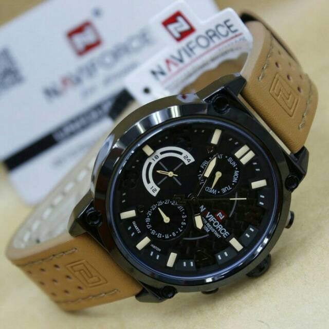 Jam Tangan Keren Pria NaviForce NV 9058 Leather Brown Original