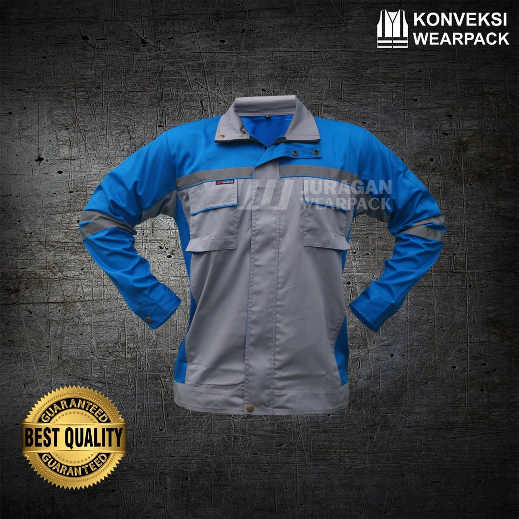 Wearpack Kerja Model Semijaket Warna Biru Benhur Kombinasi Abu-abu