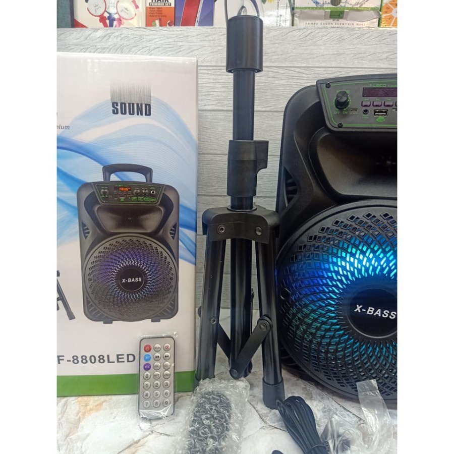 COD SPEAKER BLUETOOTH KARAOKE FLECO 8'5 INCH F-8808 LED BONUS MIC KARAOKE + STAN SPEAKER X-BASS//SPEAKER SALON AKTIF X-BASS//SPEAKER KARAOKE