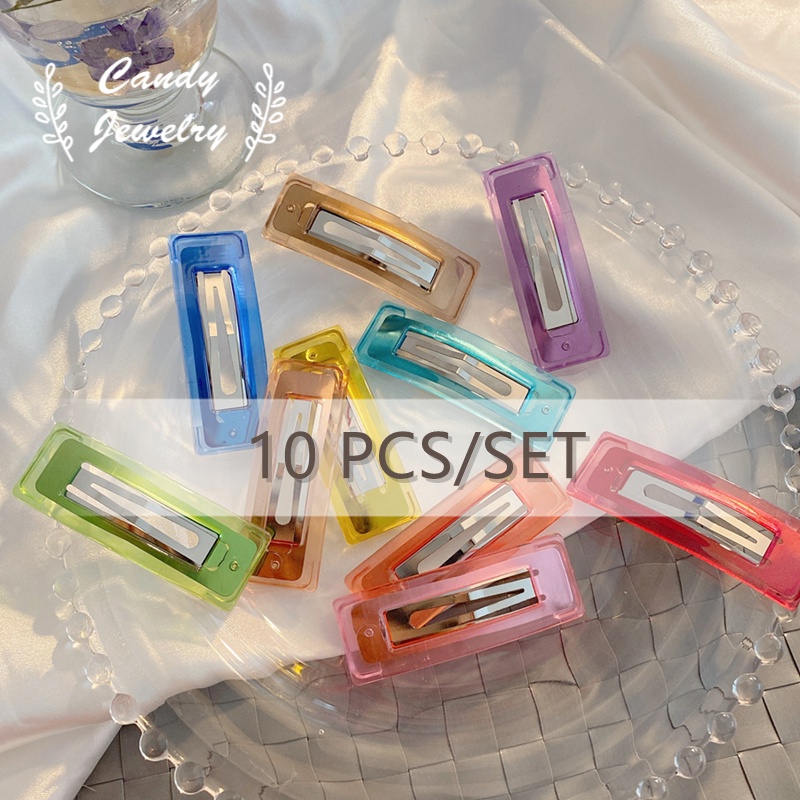 10pcs / Set Jepit Rambut Poni Warna Permen Transparan Untuk Anak Perempuan