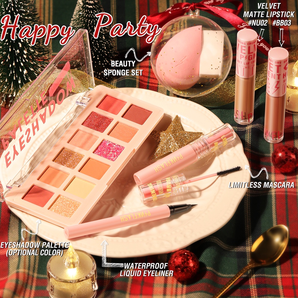 PINKFLASH 6PCS Makeup Set Pink Christmas Makeup Set Eyeshadow Eyeliner Mascara Eyes Lipsticks Makeup Sponge Beauty Set