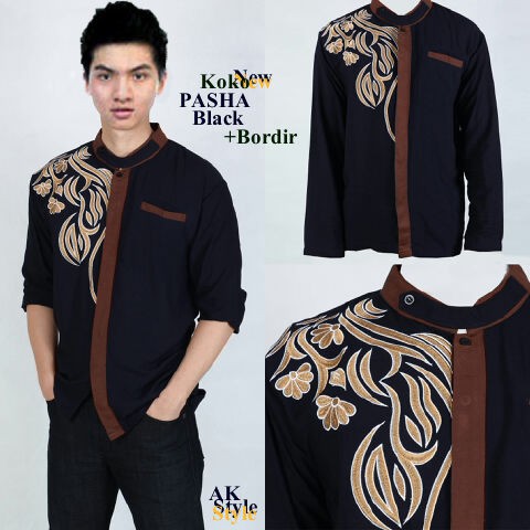 FASHION MUSLIM PRIA BAJU KOKO MOTIF BORDIR WARNA BLACK HITAM BAHAN RAYON BEST QUALITY ORIGINAL IMPOR