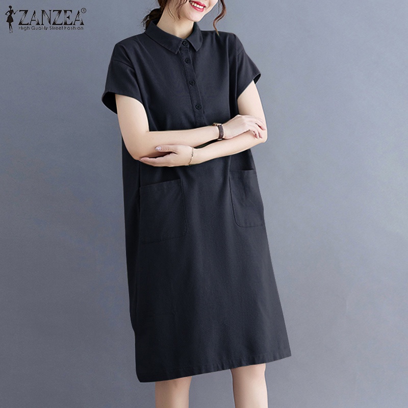 ZANZEA Women ront Pockets Short Sleeve Turn-Down-Collar Solid Color Midi Dress