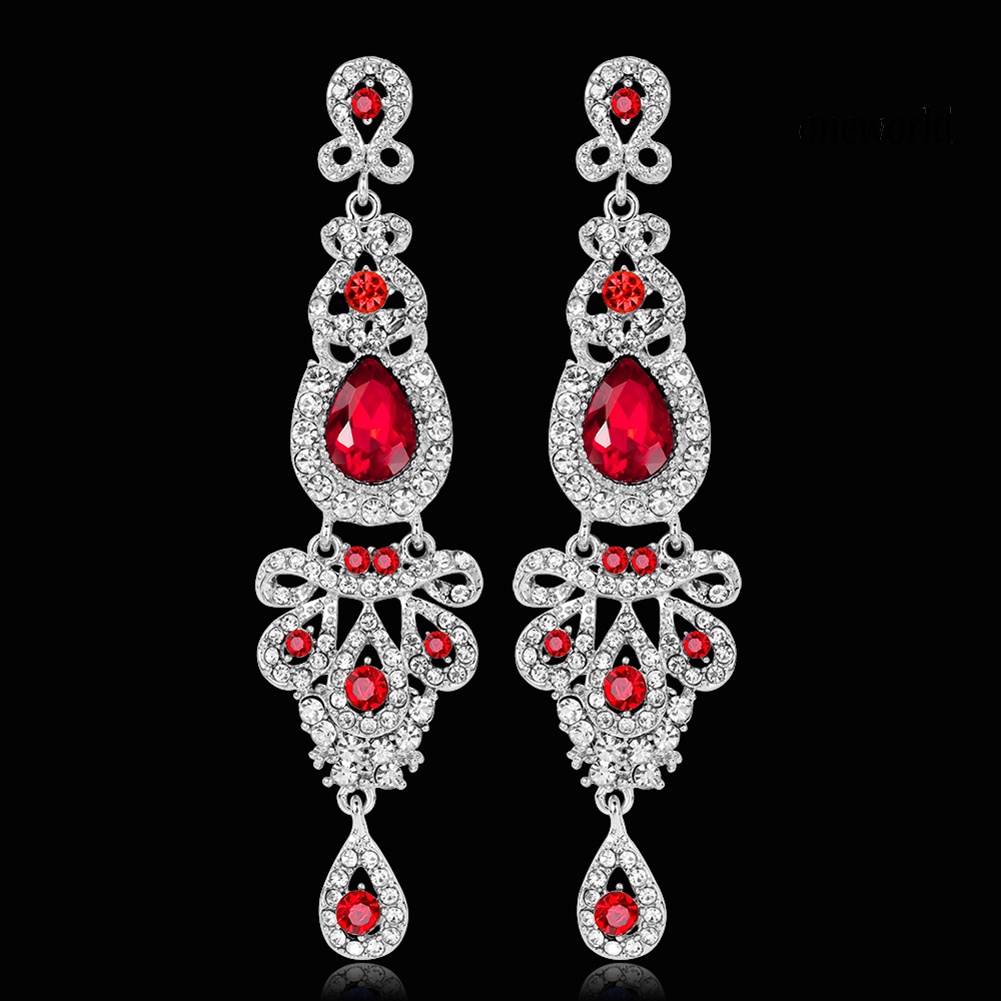 OW@ Women Retro Full Rhinestones Long Dangle Drop Chandelier Earrings Bridal Jewelry