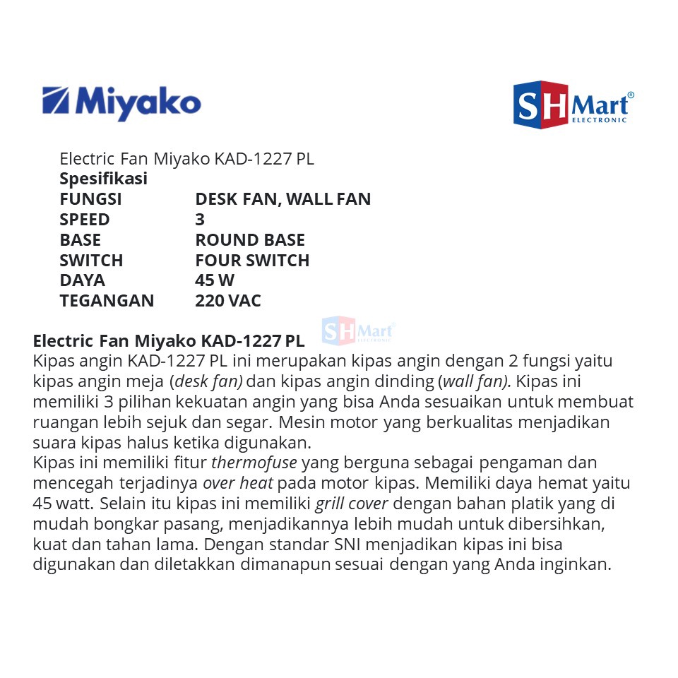 DESK FAN KIPAS ANGIN MEJA MIYAKO 12 INCI KAD-1227 KAD 1227