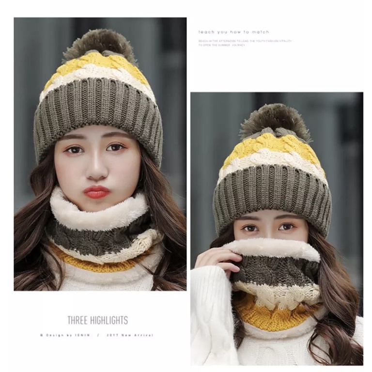 Topi kupluk wanita hangat import rajut winter hat musim dingin korea anak beanie set neck warmer kim