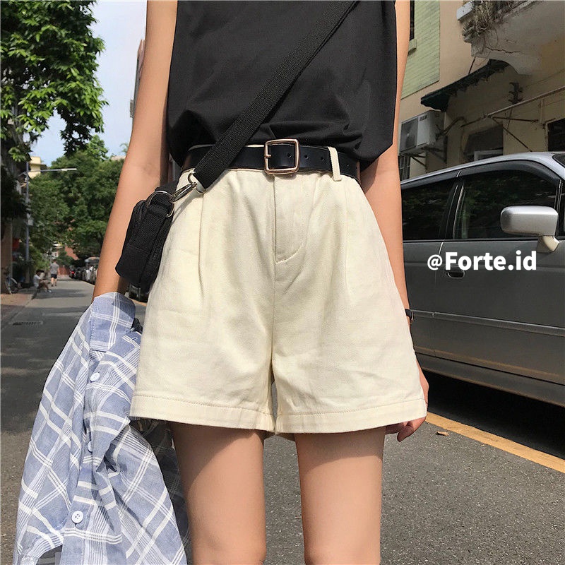 3 warna fashion korea minimalis warna solid celana pendek denim pinggang tinggi untuk wanita