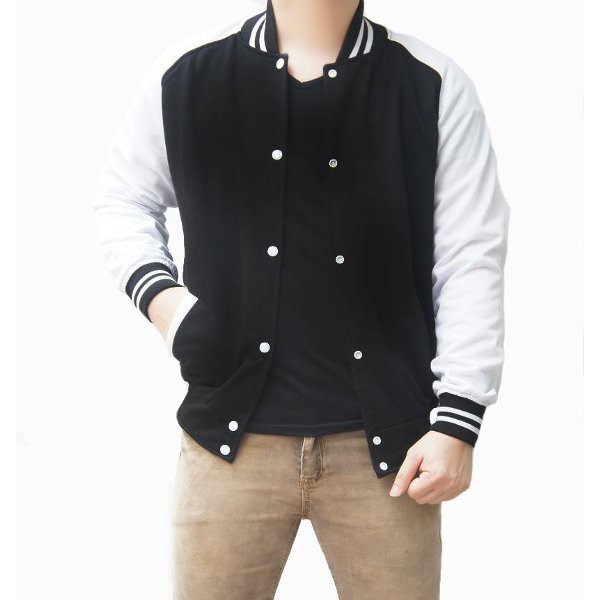 PROMO JAKET BASEBALL POLOS HITAM LENGAN PUTIH  DISKON JACKET SWEATER POLOSAN PRIA WANITA COWOK