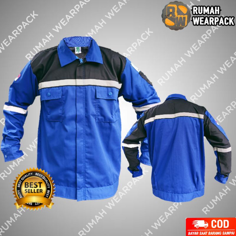 Baju Kerja/ Wearpack Proyek/ Seragam Kerja Atasan Biru Benhur Hitam