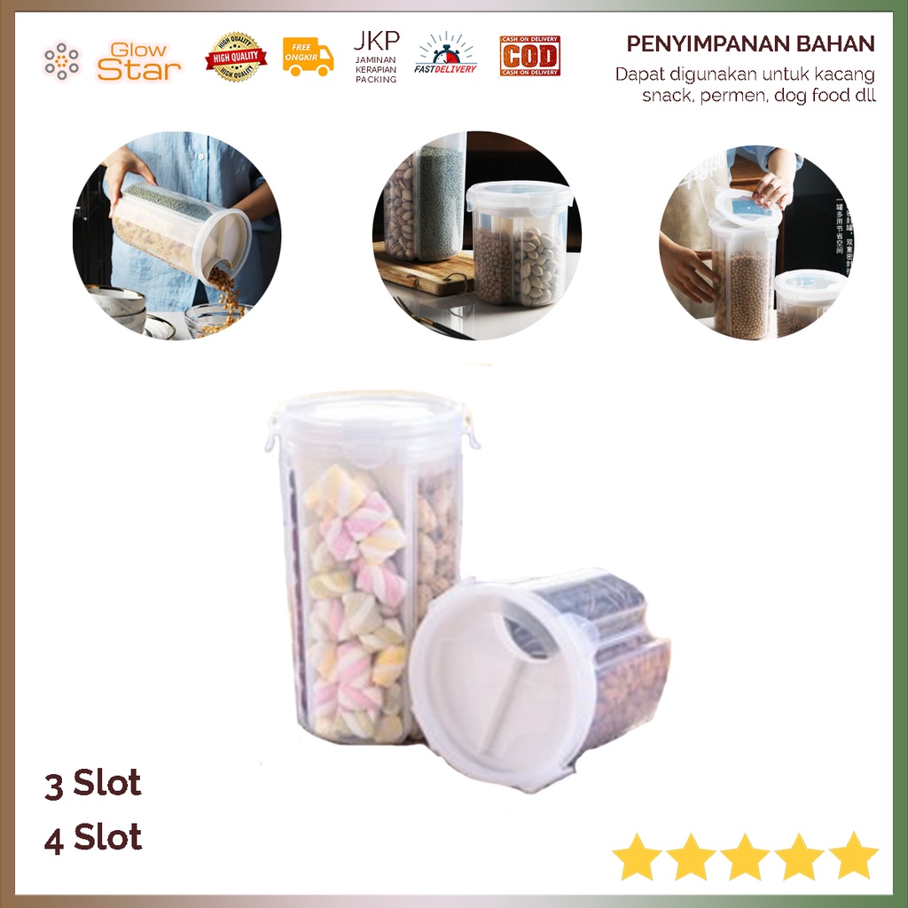 Toples Wadah Penyimpanan Kacang Sereal Oats Storage Jar 3 / 4 Slot Snack Cemilan, Kerupuk, Chiki