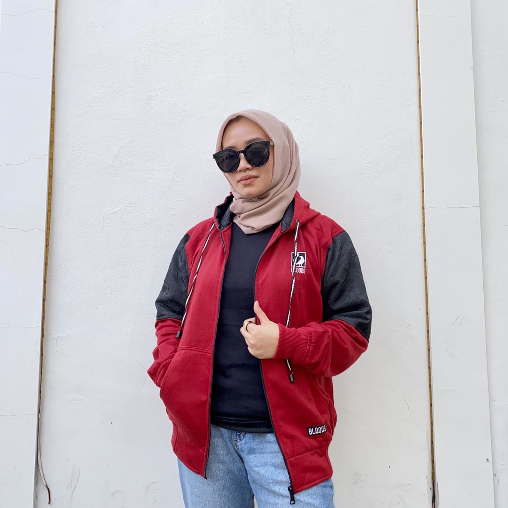 Jaket Sweater Zipper Bordir Kombinasi Qwilting MAROON BLDS