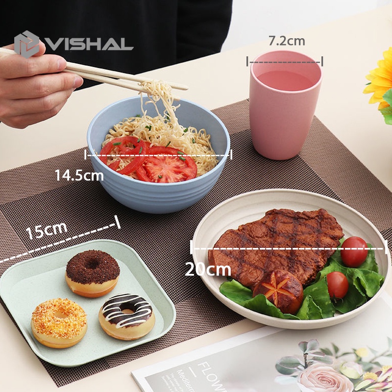 VISHAL 1Set Dinner Plate Piring Bulat Mangkok Wheat Straw Bowl Sumpit Sendok Free BPA Mangkuk / Gelas / Jerami Makan Bowl