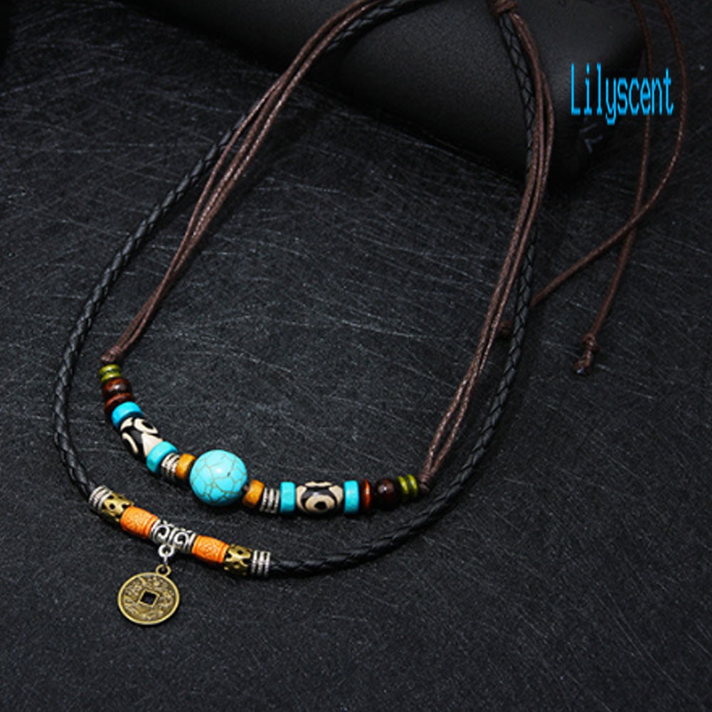 Lily Kalung Rantai Multilayer Aksen Batu Turquoise Imitasikoin Untuk Perhiasan Pria