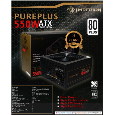 PSU IMPERION PUREPLUS 450W 550W 80 PLUS POWER SUPPLY GAMING PURE WATT GARANSI 3 TAHUN