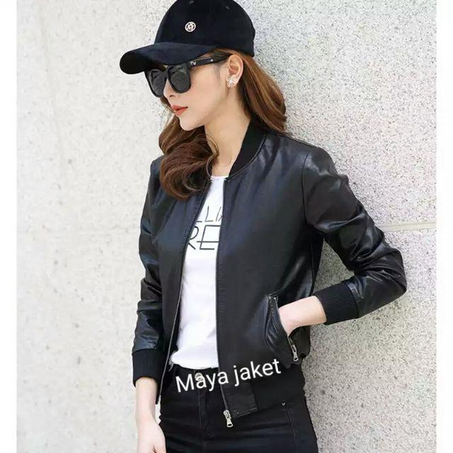 jaket wanita/cewe FUNY perempuan semi kulit  stayle motor-Hitam