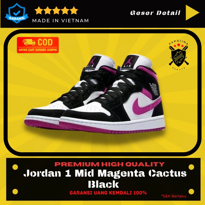 Sepatu Wanita Nike Air Jordan 1 Mid Magenta Cactus Black Sneakers Cewek Sneaker Fashion Basket Impor