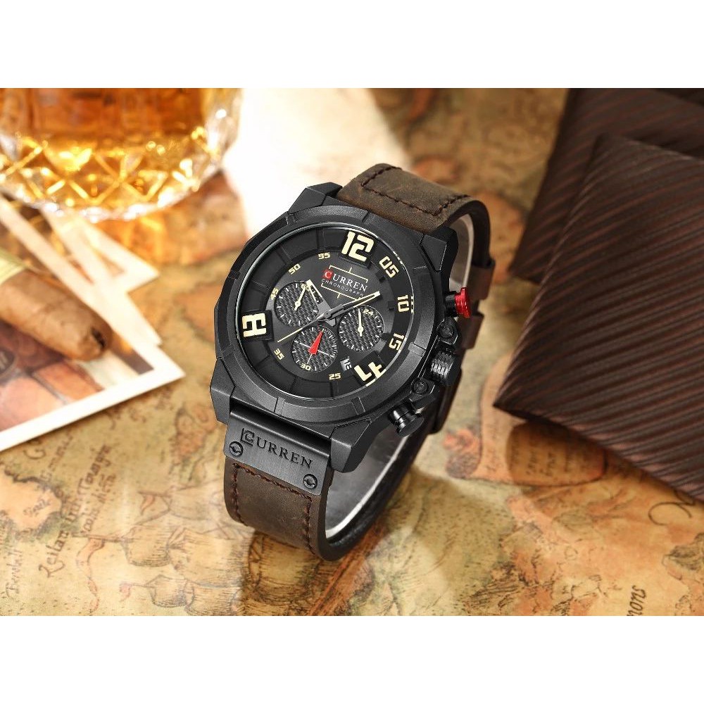 CURREN 8287 Jam Tangan Pria Analog Tali Kulit Chronograph Aktif WATCHKITE WKOS