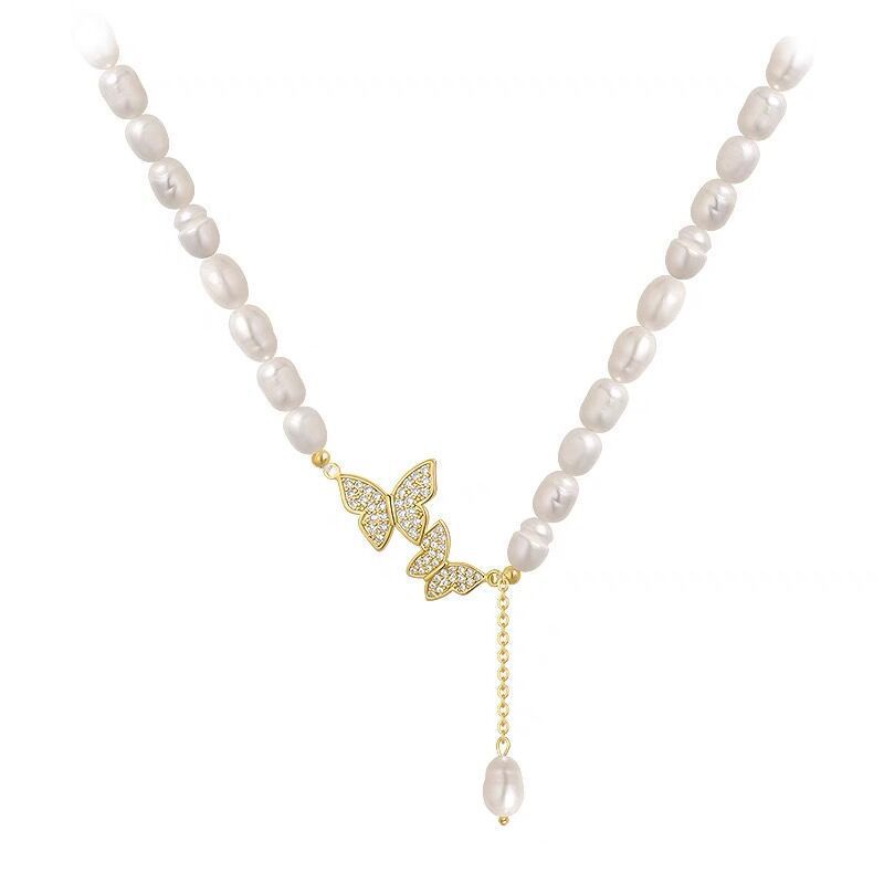 Butterfly Kalung Rantai Klavikula Hias Liontin Kupu-Kupu Mutiara Air Tawar Bahan Zirkon