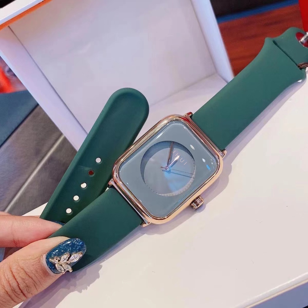 Jam Tangan Wanita Kekinian Strap Pu Dial Kotak Fashion Import-55-5 Hijau Gold