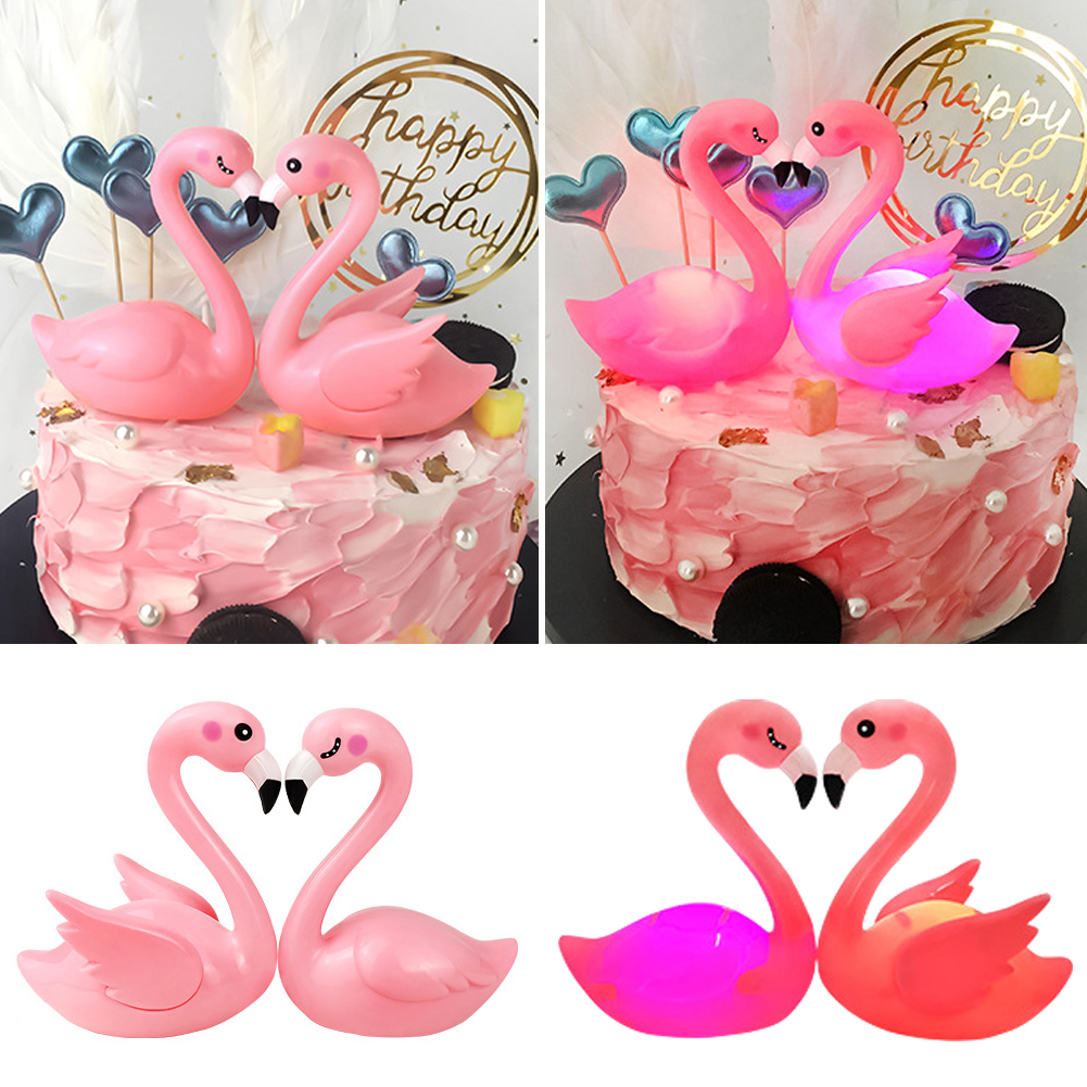 Ornamen Topper Kue Desain Flamingo Dengan Lampu Untuk Dekorasi Pesta Ulang Tahun