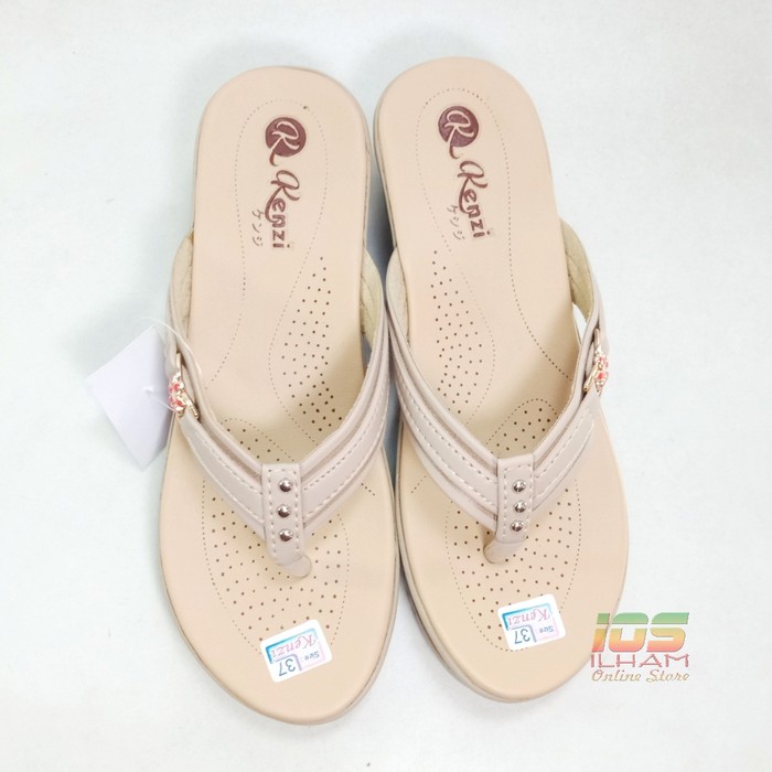 Sandal Wanita Jepit Wedges Melati Kenzi Hak 5cm Size 37-40 Krem Krem