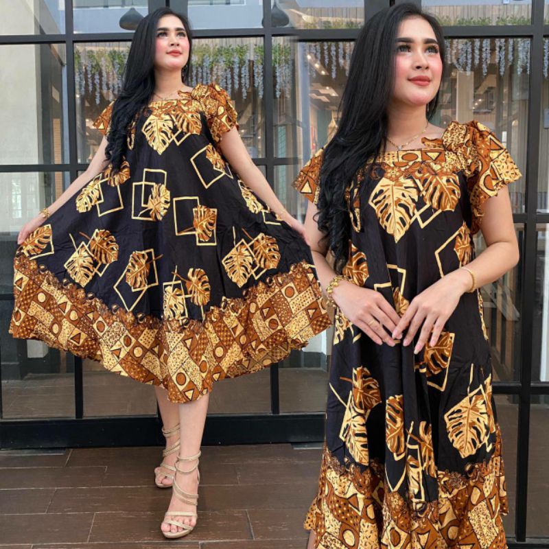 Daster payung daster serut motif batik monokrom bahan rayon premium daster kekinian dress wanita piyama dan baju tidur warna latte