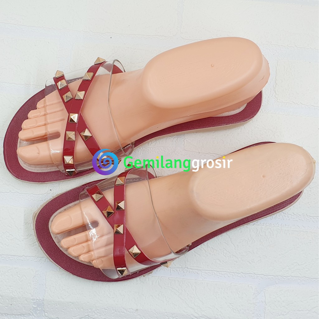 Sandal Wanita Slop Flat Size 36 - 40 MERAH - Sendal Selop Transparan - Sandal Flat Wanita OpenToe SALE