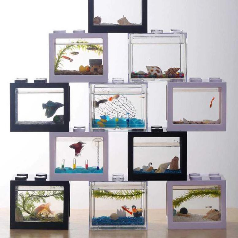 [ART. 986016] LARIS Aquarium Mini Bentuk Lego Terlengkap Lampu LED, Akuarium Ikan Kecil Cupang Murah