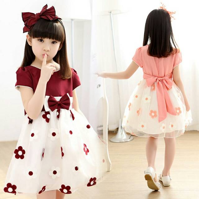 Dress Anak Motif Bunga Lengan Pendek Gaya Korea