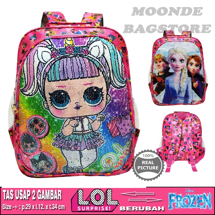 Tas ransel usap Sequin 2 gambar Anak sekolah SD karakter LOL UNICORN HELLO KITTY PONY FROZEN